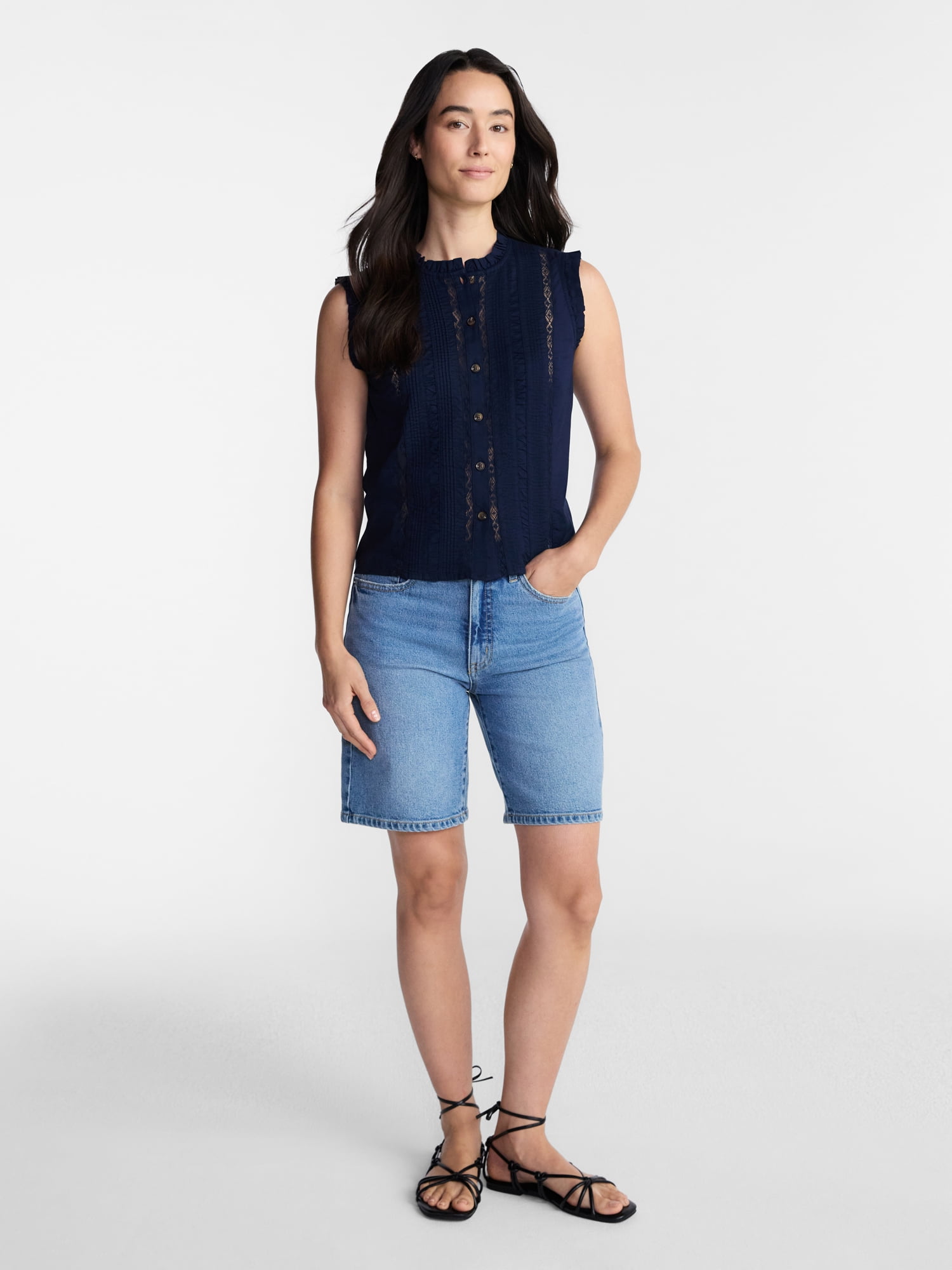 Time and Tru Women's Lace Inset Sleeveless Cotton Top, Sizes XS-XXXL