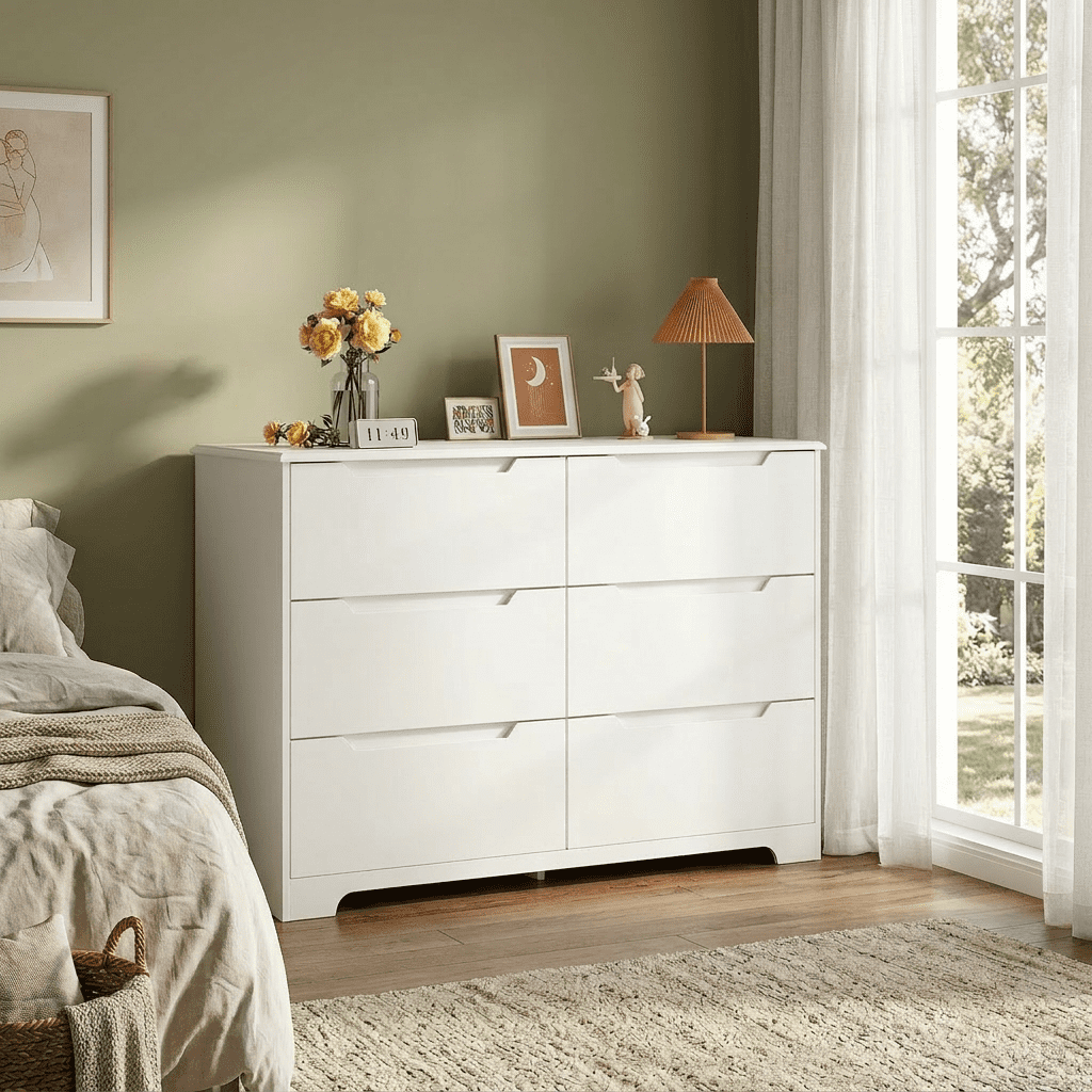 Modern 6 Drawer Double Dresser, White Wood Chest of Drawers with Cut-Out Handles, Sturdy Storage Organizer for Bedroom Living Room Hallway