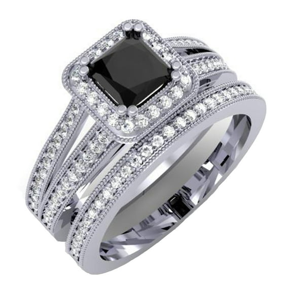 Dazzlingrock Collection 1.35 Carat (ctw) 18K Princess Black & Round White Diamond Halo Bridal Ring Set, White Gold, Size 6.5