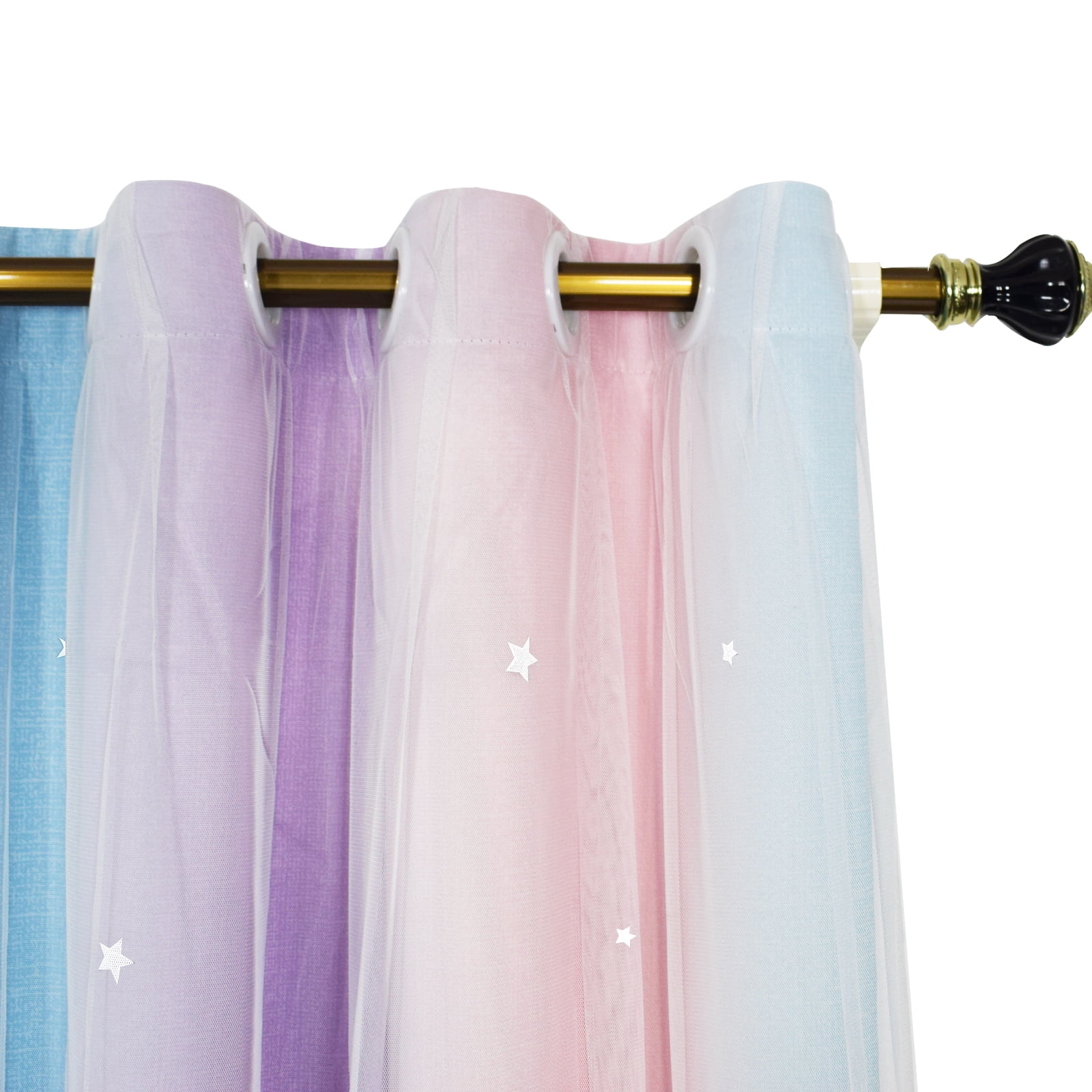 Psoiuetr Blackout Gradient Ombre Curtains for Kids Girls Bedroom Living Room Decor Rainbow Double Layers Star Cut Out Stripe Pink Purple Grommet Window Curtains,52"x63",1 Panel