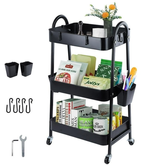 Carrito Organizador con Ruedas 3 Niveles, Carrito de Almacenamiento de Metal para Cocina, Carrito de Servicio Fácil Montaje, Ruedas con Cerradura, Carrito para Baño, Oficina, Dormitorio, Negro