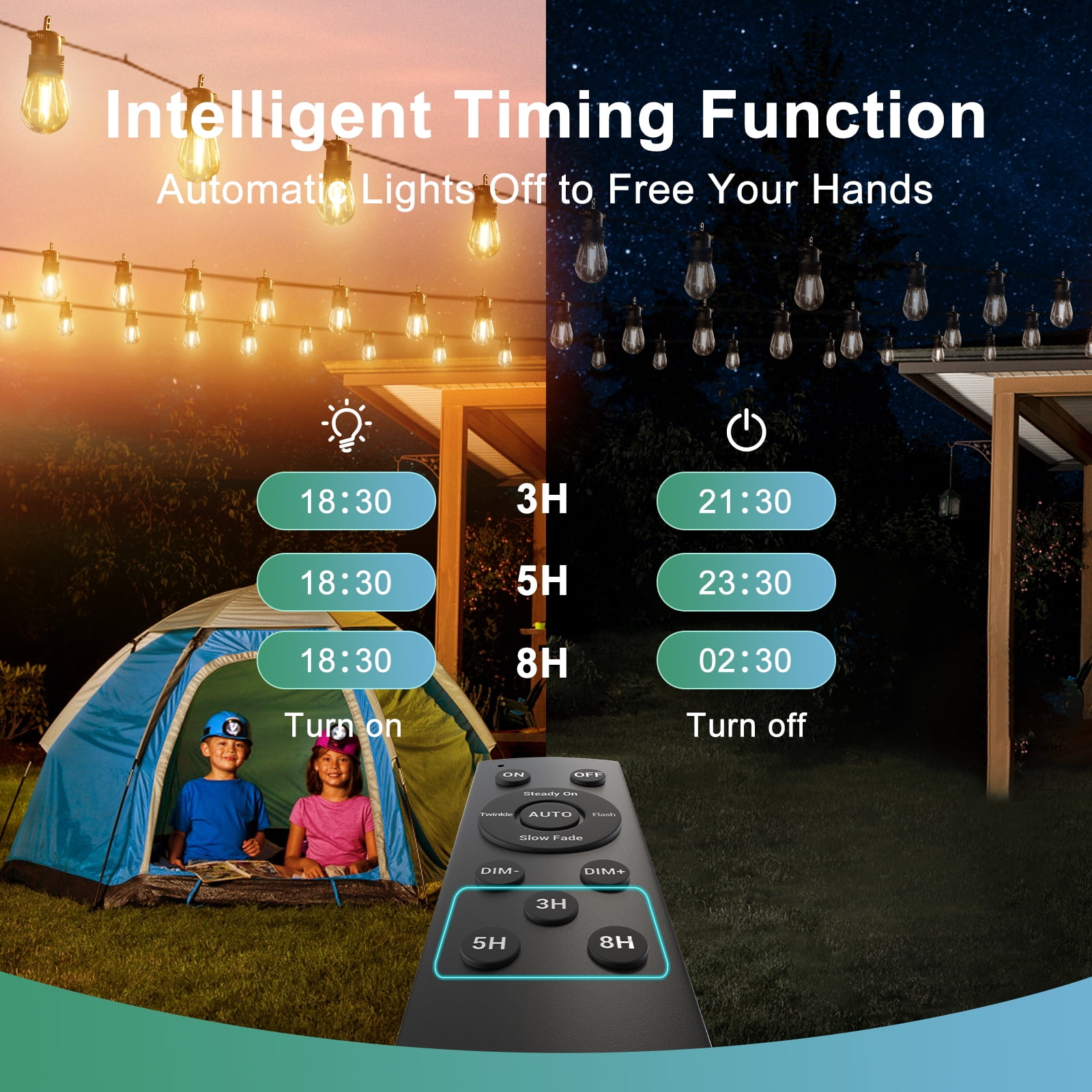 Quntis Solar String Lights Outdoor Waterproof, 57FT Solar Powered Patio String Lights with 15+1Bulb,  Solar String Lights with Dimming& 4 Light Mode for Backyard Party Garden Wedding