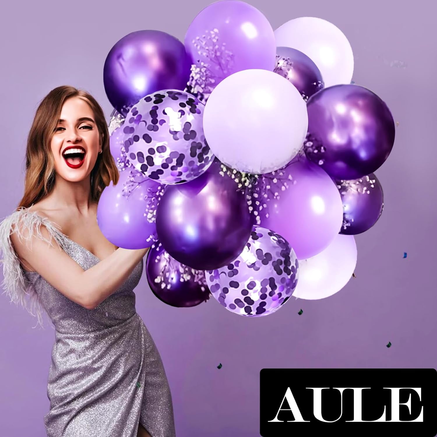 Metallic Purple and Premium Latex Lavender Lilac Balloons 60 Pack 12inches Confetti with Ribbons Set for Birthday Bridal Shower Wedding Party Decorations