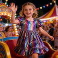 thumbnail image 4 of FINALGANG Girls Carnival Dress Kids Iridescent Rainbow Metallic Dress With Puff Short Sleeves Ruffled Hem Crewneck Party Dress For Holiday Casual Wear, 4 of 4
