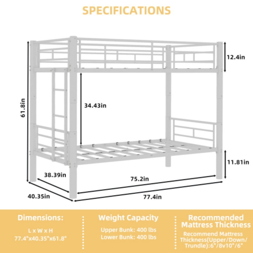 Twin Metal Bunk Bed, Convertible & Detachable into 2 Twin Beds, Heavy-Duty Iron Frame, 400 lbs Capacity, Guardrails & Ladder, White