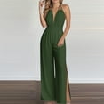 thumbnail image 2 of Wyobmus Women's Sleeveless Backless Halter Neck Jumpsuit High Waist Side Slit Wide Leg Rompers Loose Fit Deep V Neck Elegant Night Party Jumpsuits Olive Green, 2 of 5
