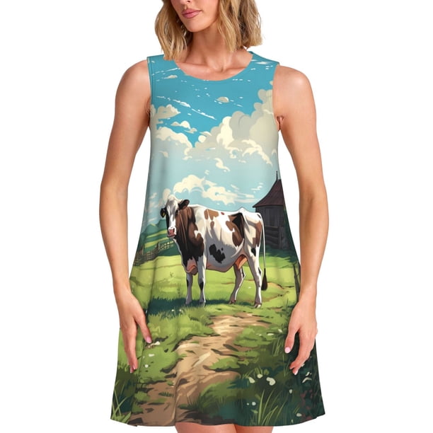 Balery Prairie Pasture Cow Vestidos de verano para mujer con estampado: vestido holgado sin mangas, vestido playero informal y cómodo para días calurosos.