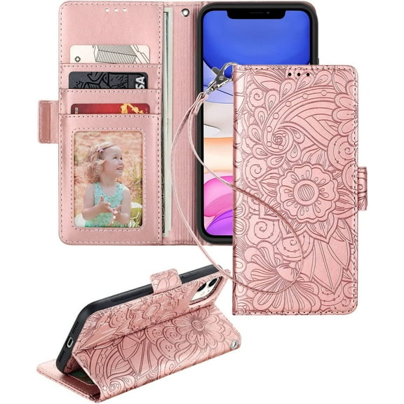 Petocase for iPhone 11 Wallet Case,Durable PU Leather Magnetic Folio Flip Stand Wristlet Strap Card Holder Shockproof Protective Phone Cases for Women Men,Rose Gold