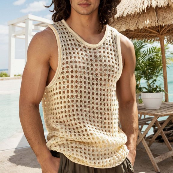 BUWTTED Tank Tops for Men Solid Mesh Hooded Crewneck Hollow Thin Sleeveless Loose Vest Summer Breathable Knit Beach Casual Beige Shirt L