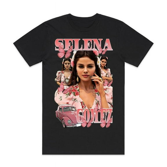 Selena Gomez Graphic T-Shirt, with Pink Floral Dress, Butterflies, and Vintage Car Aesthetic