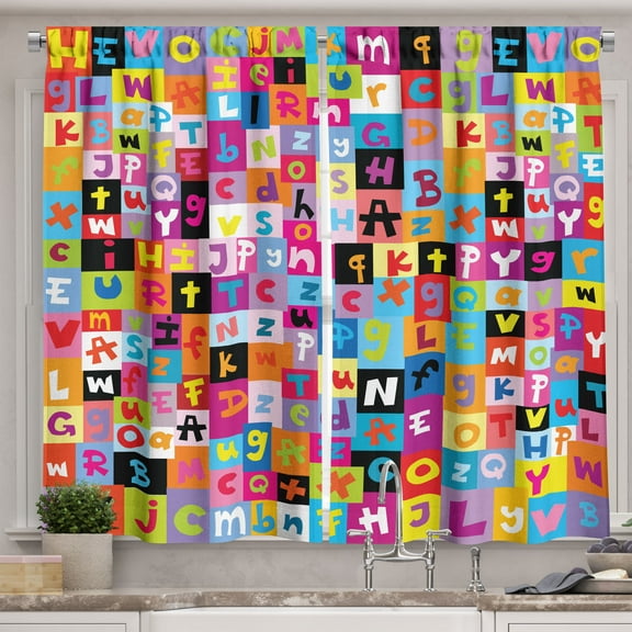 Ambesonne Cartoon Kitchen Curtains, Colored Alphabet Game, 55"x45", Multicolor