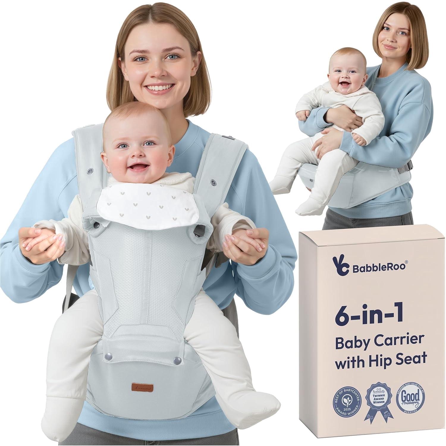 BabbleRoo Grow Baby Carrier – 6-in-1 Ergonomic Hip Seat, Convertible Infant Baby Carrier & Toddler Carrier – Seafoam