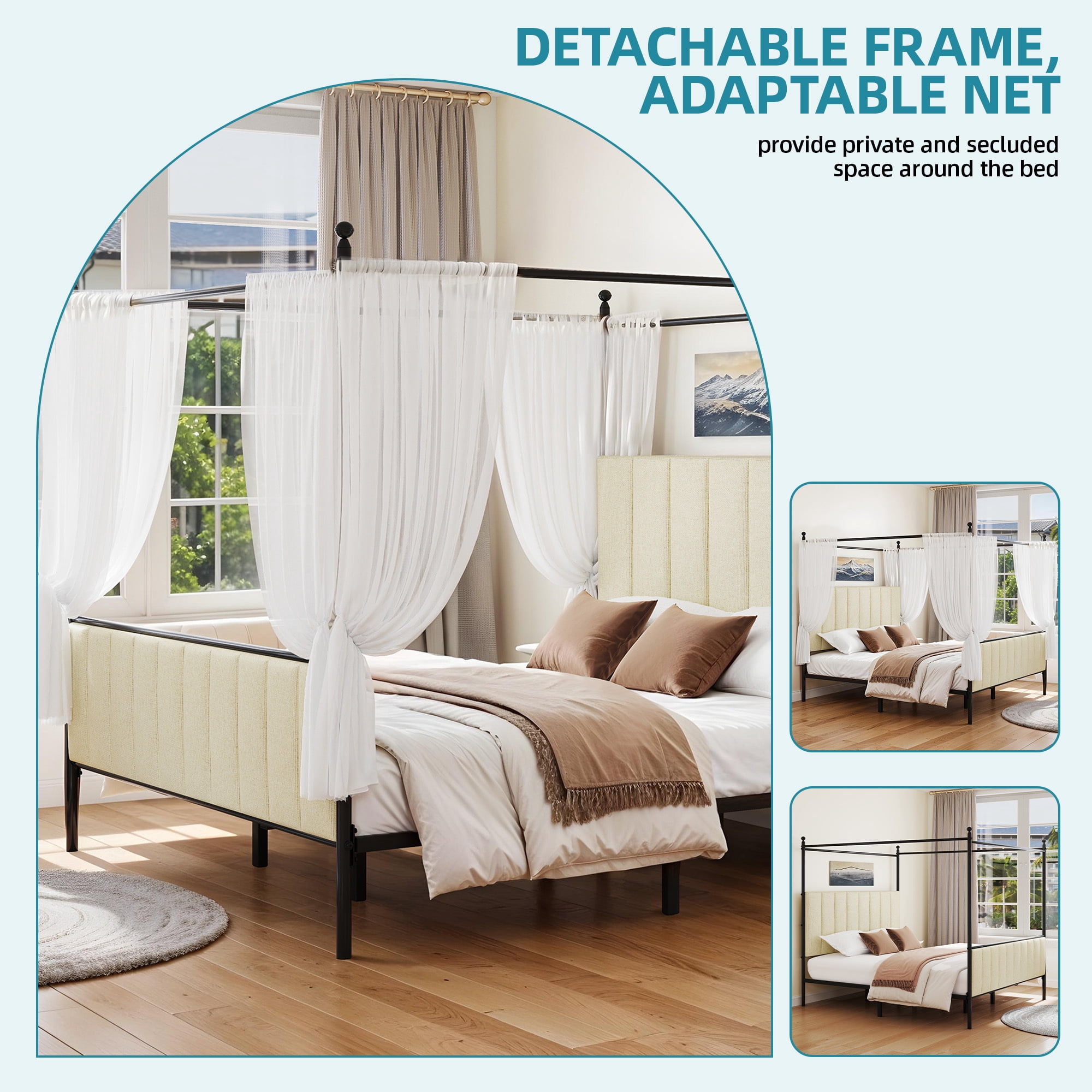 Uforic King Upholstered Metal Canopy Bed with Adjustable Platform Frame, Cushioned Headboard & Footboard, Beige