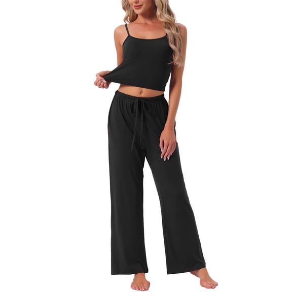 DARING DIVA Women's Pajama Set Cami Jersey Knit Adjustable Spaghetti Strap Pants XS Black