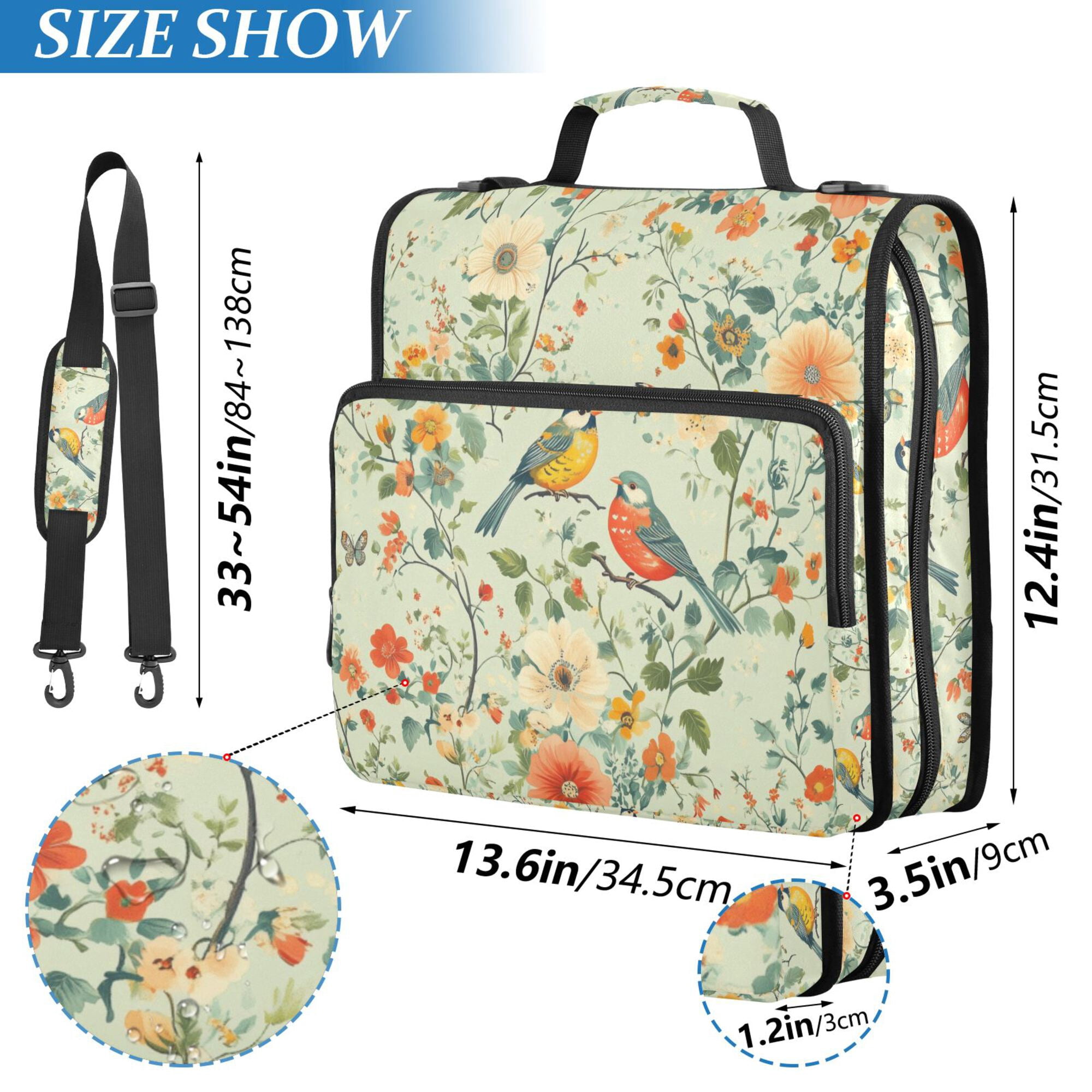 FORMRS Zipper Binder with Shoulder Strap 2-inch Ring 500 Sheet Capacity File Bag, Green Floral Pattern