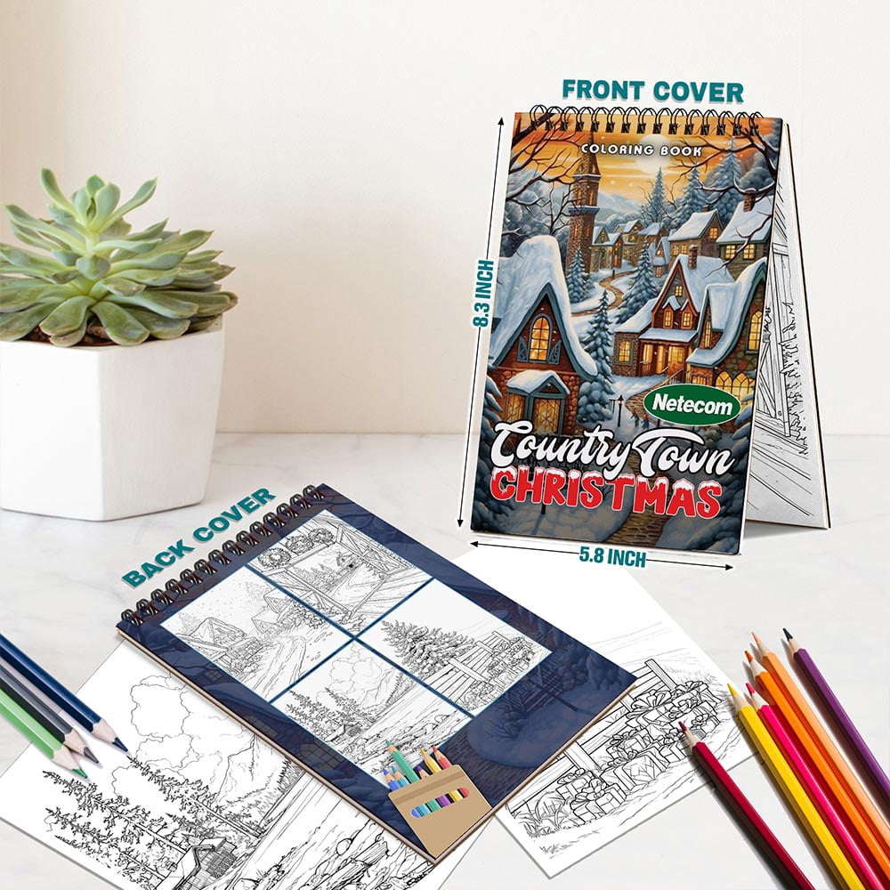 Netecom Christmas Country Town Coloring Book Spiral Bound For Adults, A5 Wooden Cover 30, Delightful Coloring Pages of Snowy Streets and Cozy Homes for Stress Relief and Relaxation