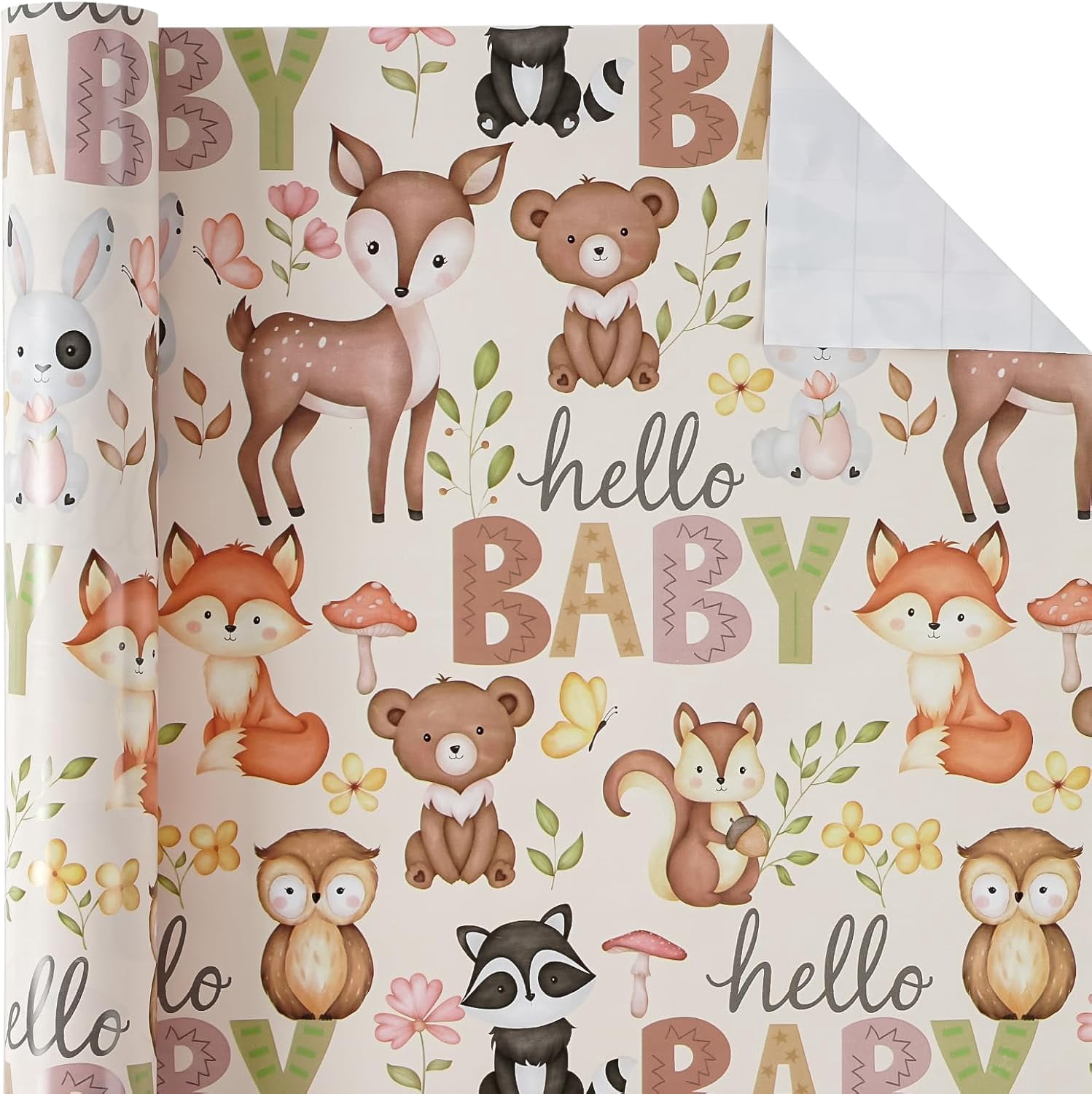 Kraft Baby Shower Wrapping Paper Roll - Mini Roll - 17 Inch x 16.5 Feet - Little Woodland Animal Wrapping Paper for Baby Shower, Kids Girls Boys Birthday