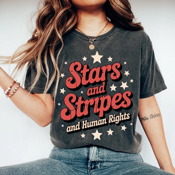 Stars and Stripes and Human Rights T-Shirt for Women, 4th of July Patriotic Graphic Tee, American Pride Social Justice Shirt