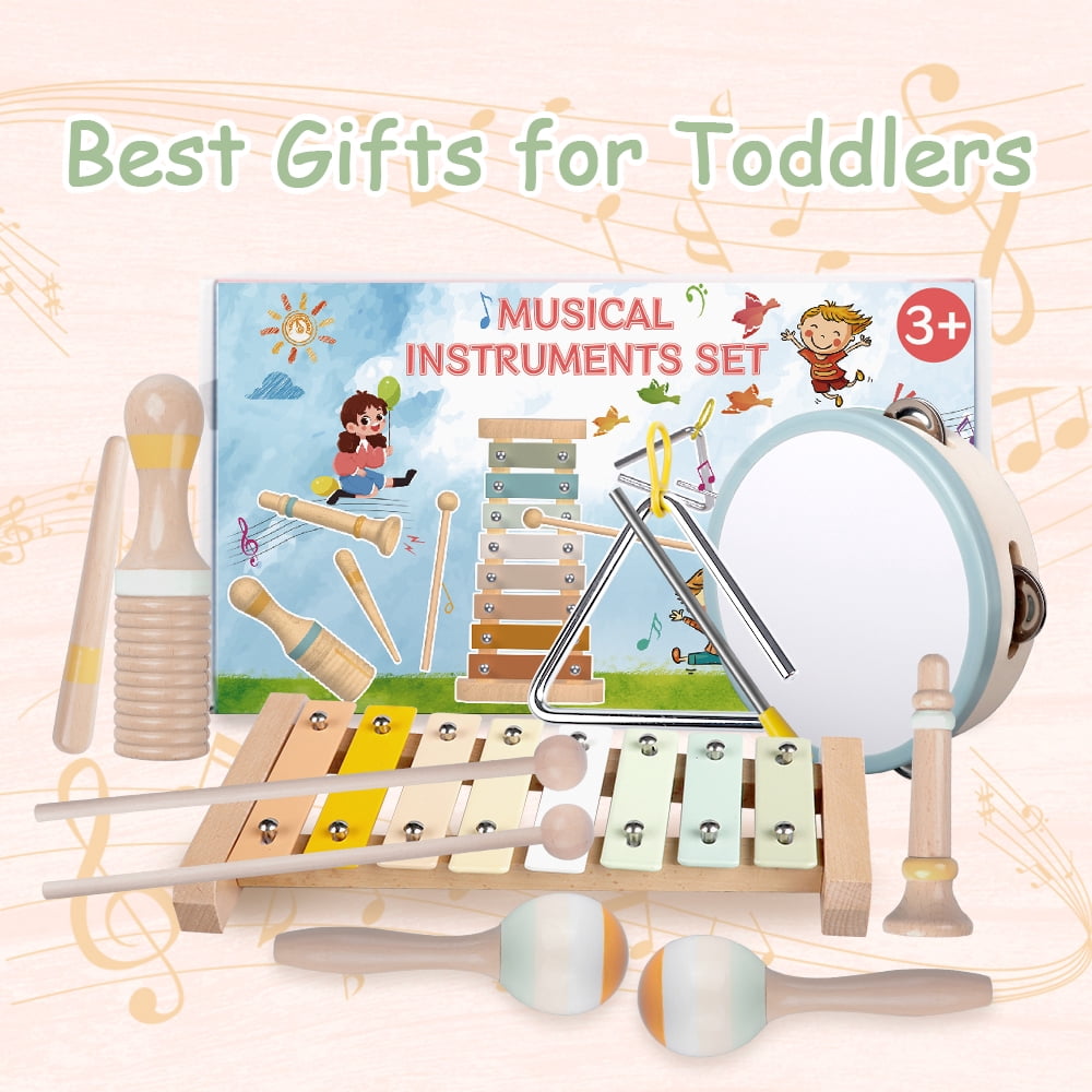 iFLOVE Baby Musical Instruments Set for Toddlers, Montessori Wooden Toys with Xylophone, Tambourine, Maracas, Neutral Color Music Toys for Kids 1-3