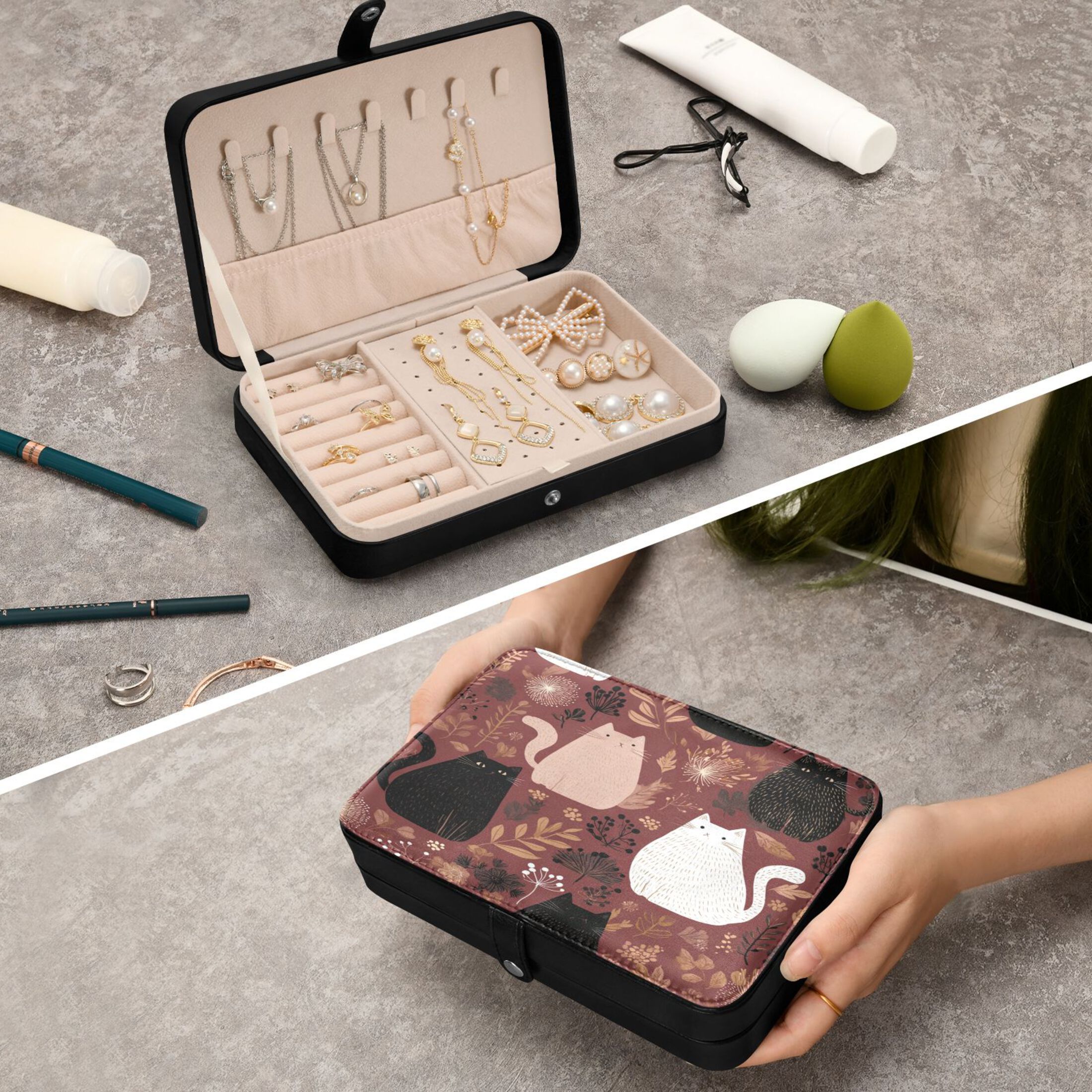 Leather Jewelry Box Rectangular 8.27x5.5x1.78In Travel Jewelry Storage Earrings Necklace Bracelet Watch Brooch Storage Colorful Cats