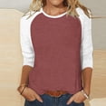 thumbnail image 2 of 3/4 Length Sleeve Womens Tops Trendy Casual Patchwork Color Block Shirts Crew Neck Blouses Loose Fit Tshirts Fall Winter Ladies Going Out Tops, 2 of 5