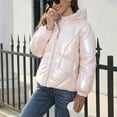 thumbnail image 4 of Defitshape Women's Long Sleeve Quilted Jacket Thermal Top Metallic Full Zip Spring High Neck Hooded Outerwear Pink 14, 4 of 4