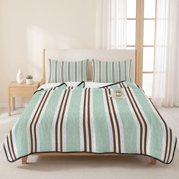 3 Pieces Queen Quilt Set,Sage Green Brown Stripes Line Soft Bedding Sets with 1 Quilt & 2 Pillow Shams,Modern Minimalist Striped Summer Bedspread Lightweight Coverlet Comforter for All Season