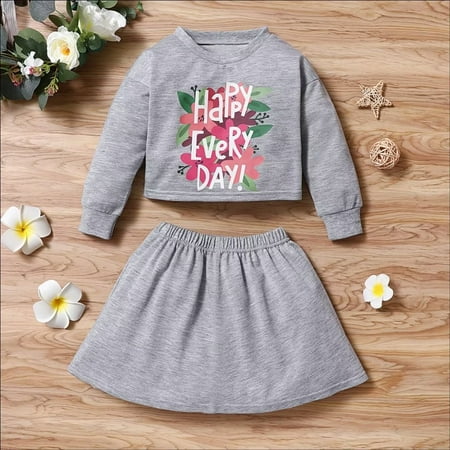 

YEEDISON YEEDISON Kids Girls Set Autumn Winter Solid Flower Pattern Long Sleeve Shirt Party Skirt Two Piece Set for 18M-6Y