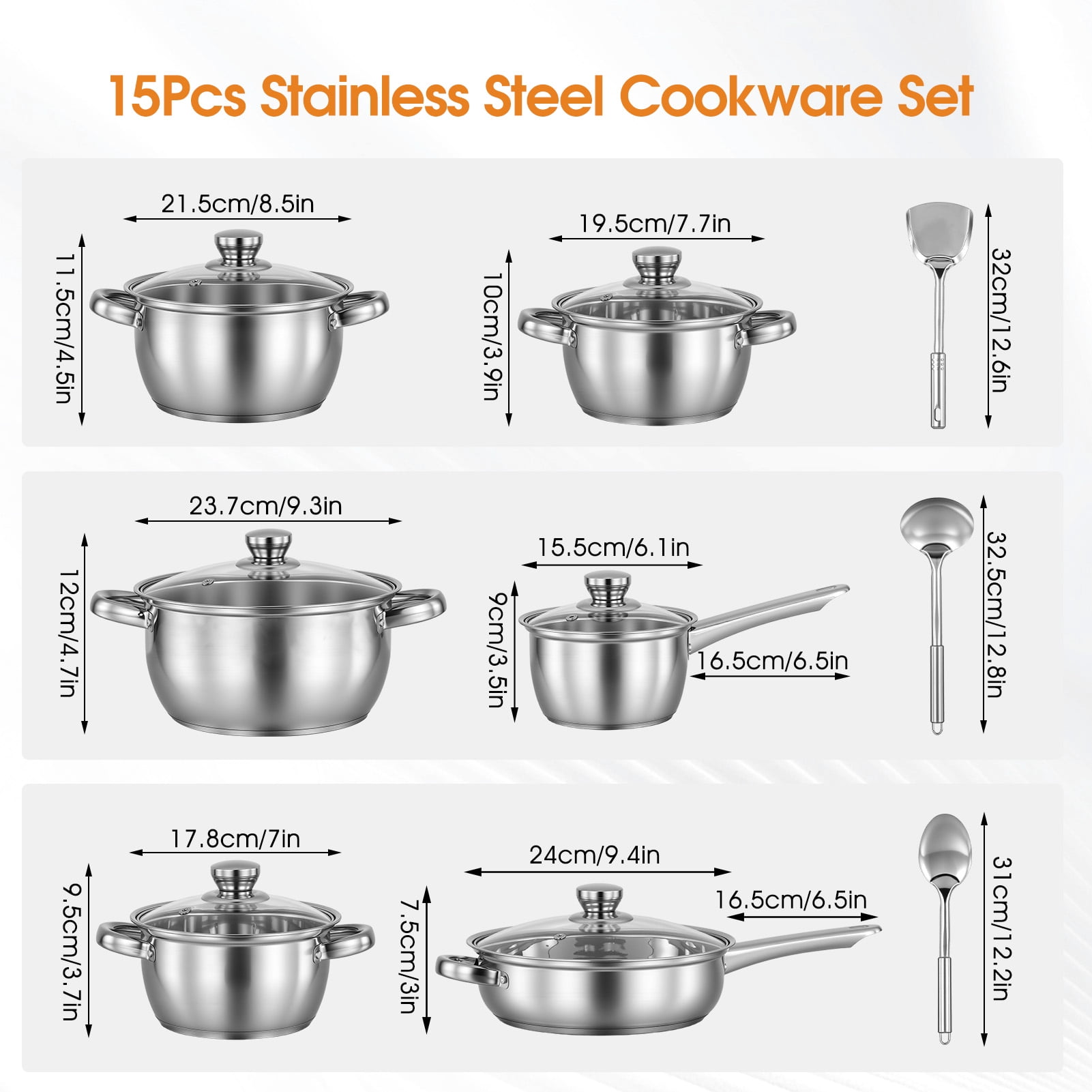 15 PCS Stainless Steel Cookware Set, Pots and Pans Set with Glass Lids, Kitchen Induction Cookware with Utensil Sets For Oven & Dishwasher ,Heavy Premium Kitchen Cooking