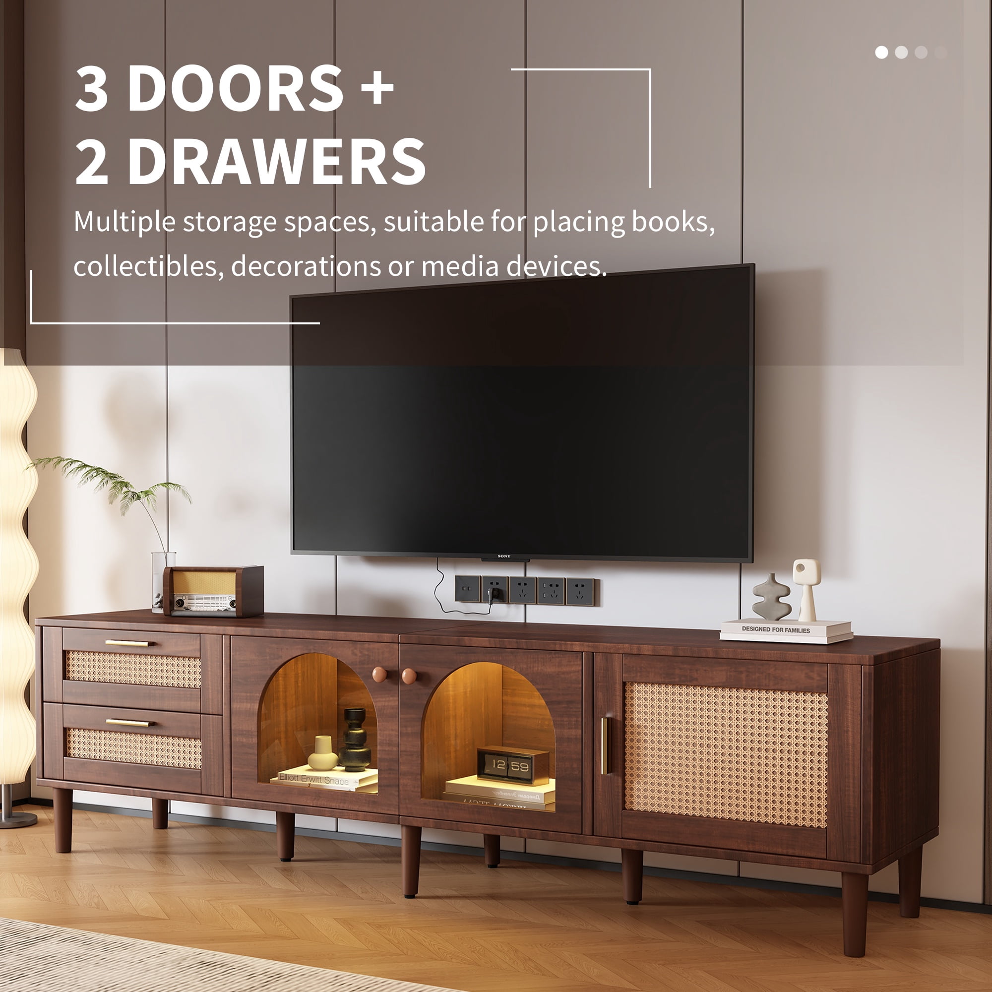 PORKISS LED TV Stand for 80 Inch TV, Entertainment Center with LED Lights and Storage Shelves, Media Console with Glass Transparent Board for Living Room, Dark Brown