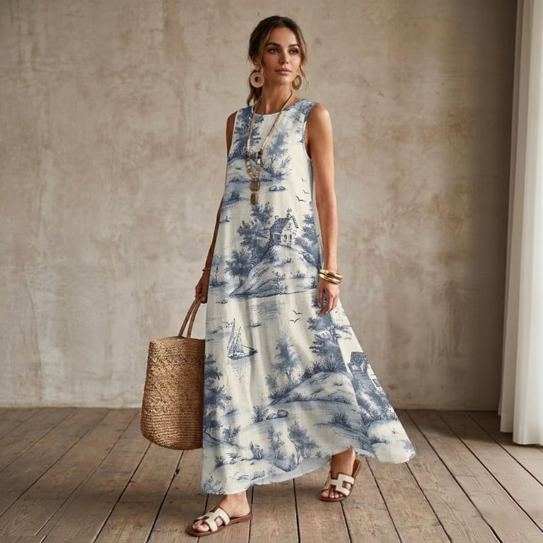 flowy house dress Summer Dress for Women Cotton Linen Short Sleeves Boho Flowy House Dresses  Plus Size Lounge Sun Dress with Pockets, M