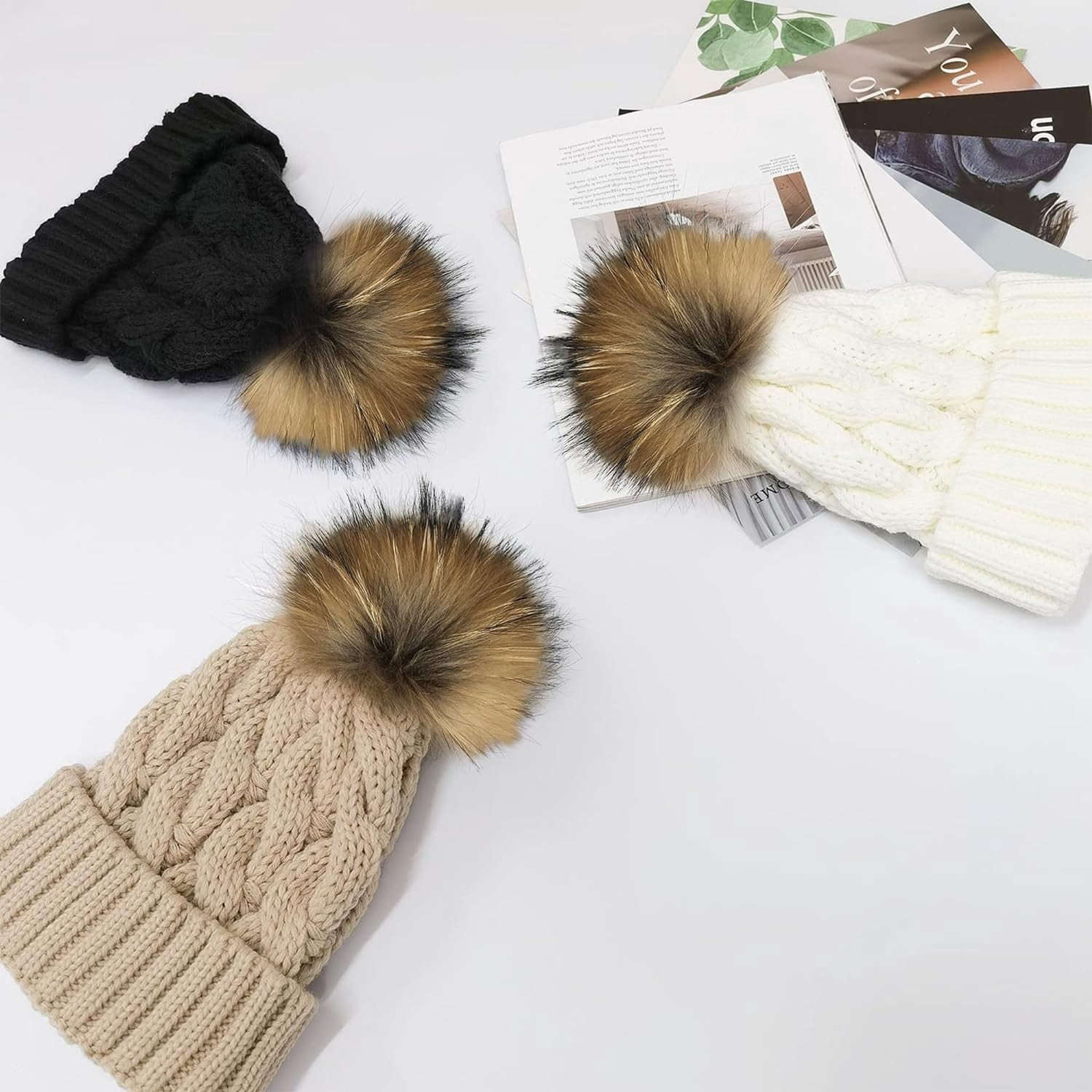 Pom Poms for Hats:Handmade Fluffy Pom Poms for Beanies,4 Inch Pom Pom Balls for Knitting Hats with Snap Buttons,Womens Pompoms for Hats Bags Keychain Accessories,4PCS