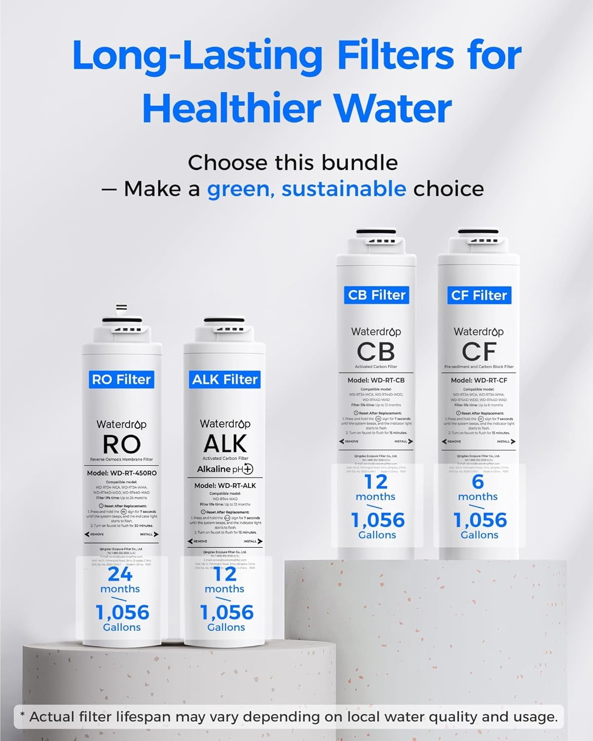 Waterdrop 𝐖𝐃-𝐓𝟒-𝐑𝐂𝐀𝐎 Replacement Filter, Pack of 1 RO & 2 CF & 1 CB & 1 Alkaline Filter, Replacement for 𝐖𝐃-𝐓𝟒-𝐀 Tankless Reverse Osmosis System (2*CF + 1*CB + 1*ALK + 1*RO)