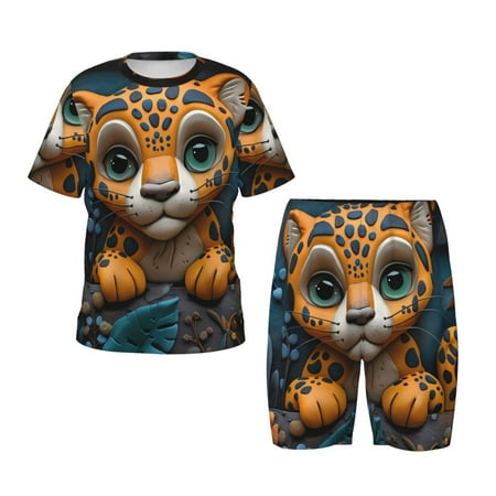 Luyuia Playful Leopard Art Print Girls  2-Piece Tie-Dye Pajama Set  Cute Summer Loungewear with Shirt and Tank Shorts Nightwear-XX-Large