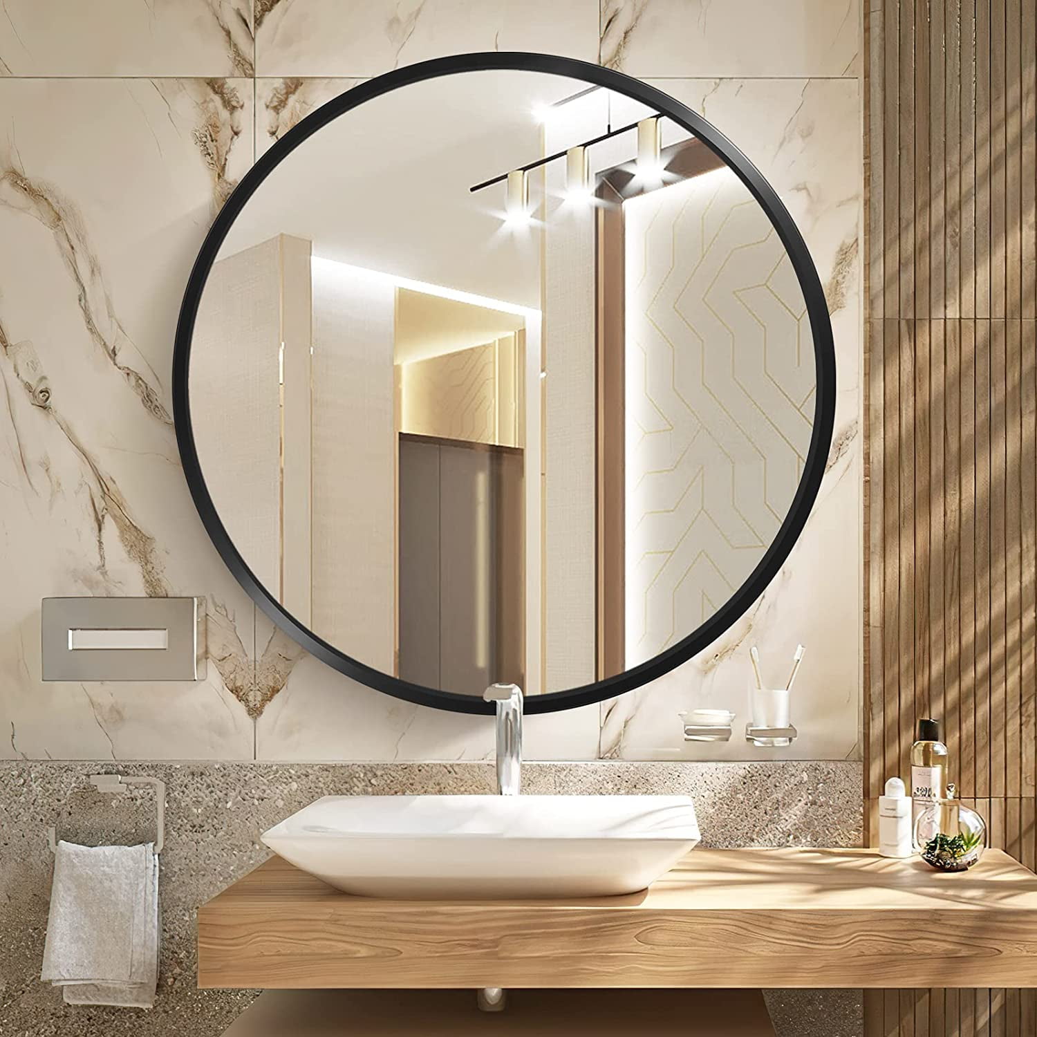 Scifil Black Round Mirror, 24 Inch Bathroom Wall Mirror, Modern Round Circle Wall Vanity Mirror with Metal Frame for Home Decor, Easy Hanging