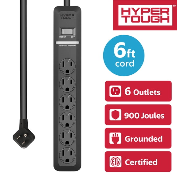 Hyper Tough 6-Outlet Surge Protector with 900-Joule Protection and 6-Foot Cord