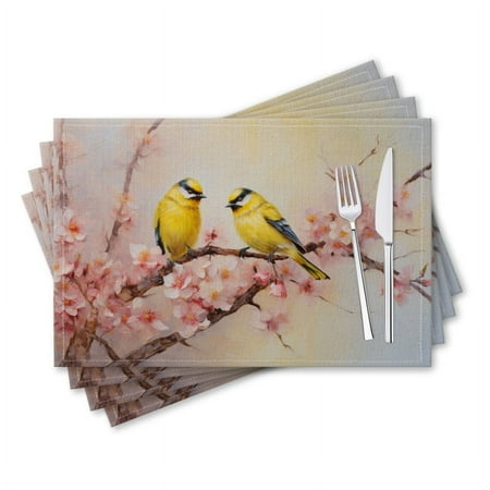 

BaHomeck placemats Set of 4 rectangle Linen Cotton Placemats for Dining Table Washable Heat Resistant 18*12inch Yellow Birds Perched On Cherry Blossoms
