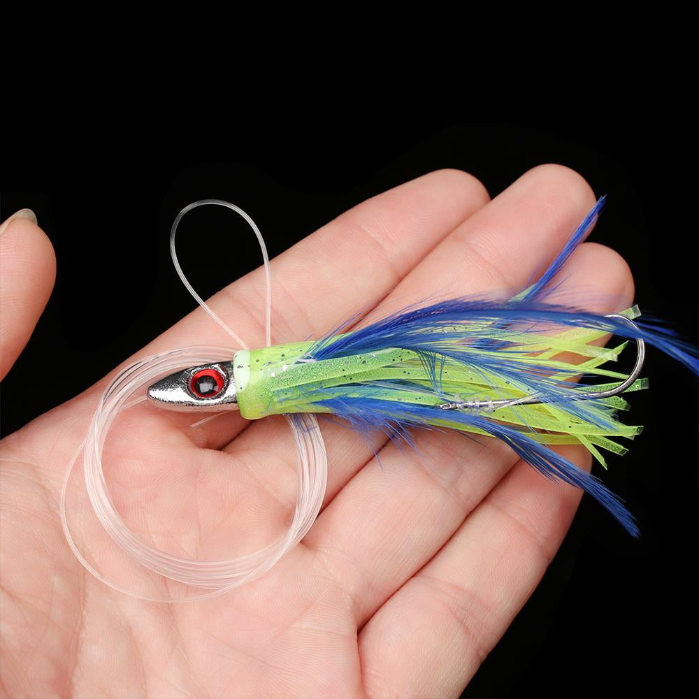Swim Artificial Soft Silicone Portable Tied up Saltwater Octopus Bait long  tail Squid Skirt Feather Lure String hook SLIVER HEAD 