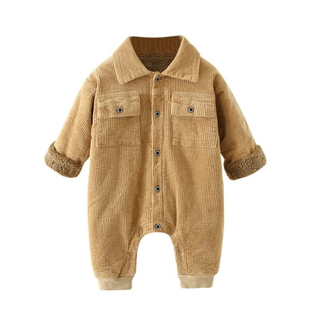 

EHTMSAK Newborn Infant Baby Toddler Cartoon Long Sleeve Button Down Romper for Girl Boy Velvet Winter Warm Clothes Jumpsuit Khaki 0-24M 66