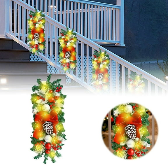 LED Christmas Swag Prelit with Shatterproof Ornaments and Berries,Cordless Light Up Stairway Swag Garland for Front Door Stair Windows Fireplace Wall Hanging Decor,Xmas Decor with Bowknot