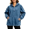 thumbnail image 2 of IUYRTFE Women Denim 1/4 Zip Hooded Pullover Long Sleeve Loose Fit Top with Pockets, 2 of 8