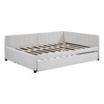 thumbnail image 4 of Linen Fabric Full Size Upholstered Bed Frame with Trundle Sofa Bed, Platform Bed Frame, Mid Century Bedframe, Wood Daybed, Wood Foundation(Beige, Full), 4 of 9