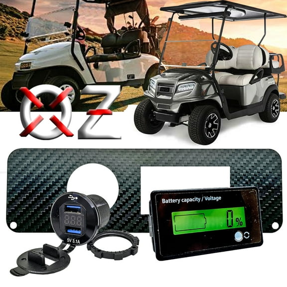 OZ-USA Carbon Fiber Golf Ball Holder Dash Cover Plate with Digital Battery Capacity Meter & Dual USB Port Voltmeter – Compatible with EZGO TXT PDS 36V & 48V Electric Golf Carts