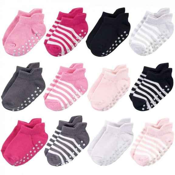 Touched by Nature Baby and Toddler Girl Organic Cotton Socks with Non-Skid Gripper for Fall Resistance, Pink Black, 6-12 Months