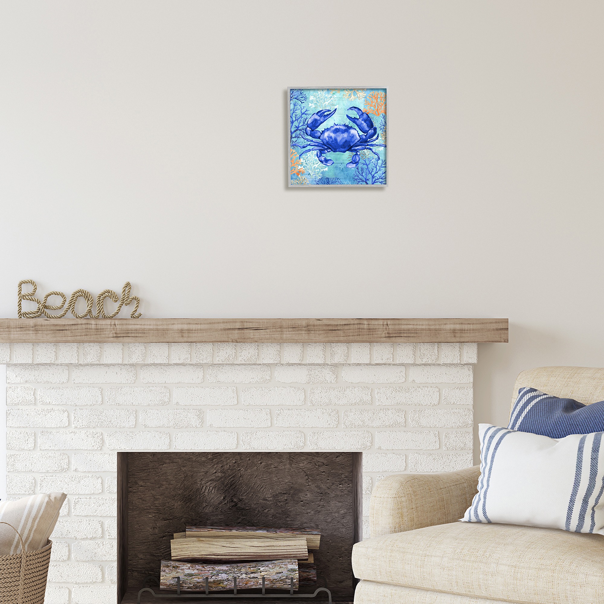 Stupell Industries Blue Crab with Coral Animals & Insects Painting Gray Framed Art Print Wall Art, 12 x 12