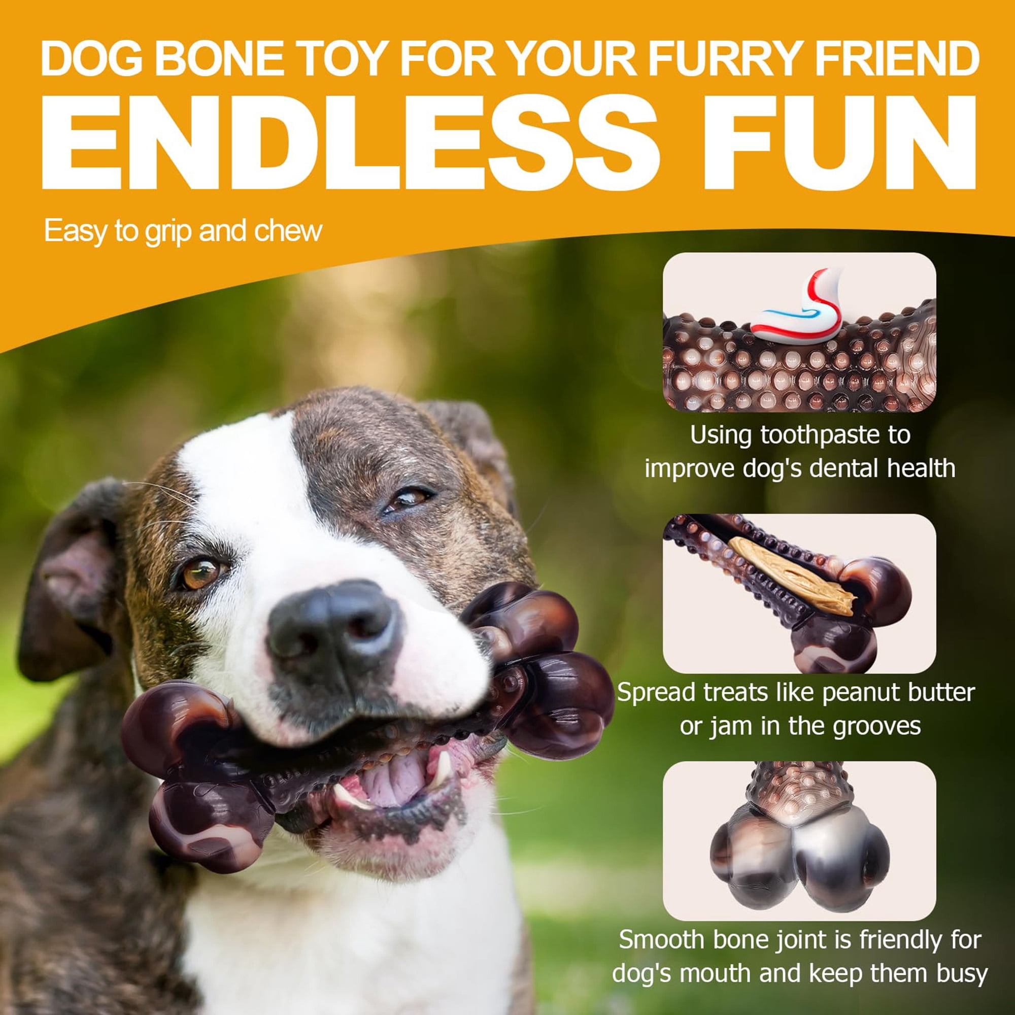 Durable nylon chew toy for aggressive chewers (all sizes), beef/bacon flavored, teeth-cleaning, indestructible bone. Multicolor.