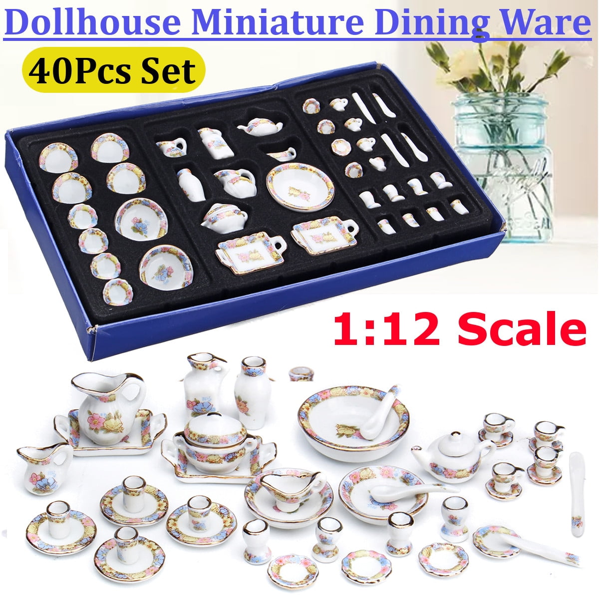 1/12th Dining Ware China Ceramic Tea Set Dolls House Miniatures Blue Flower S80 