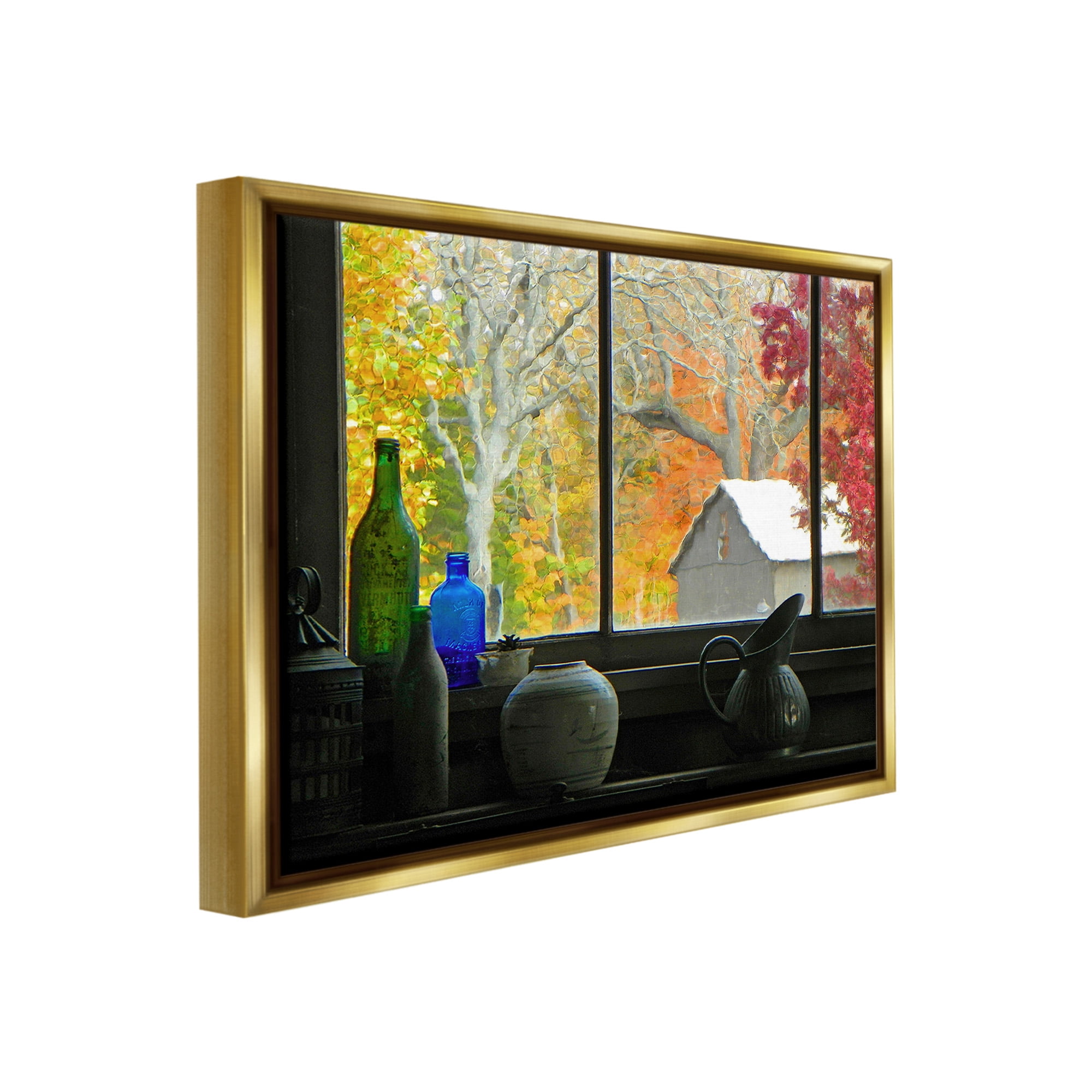 Stupell Industries Fall Foliage in Window Landscape Photography Gold Floater Framed Canvas Art Print Wall Art, 31 x 25