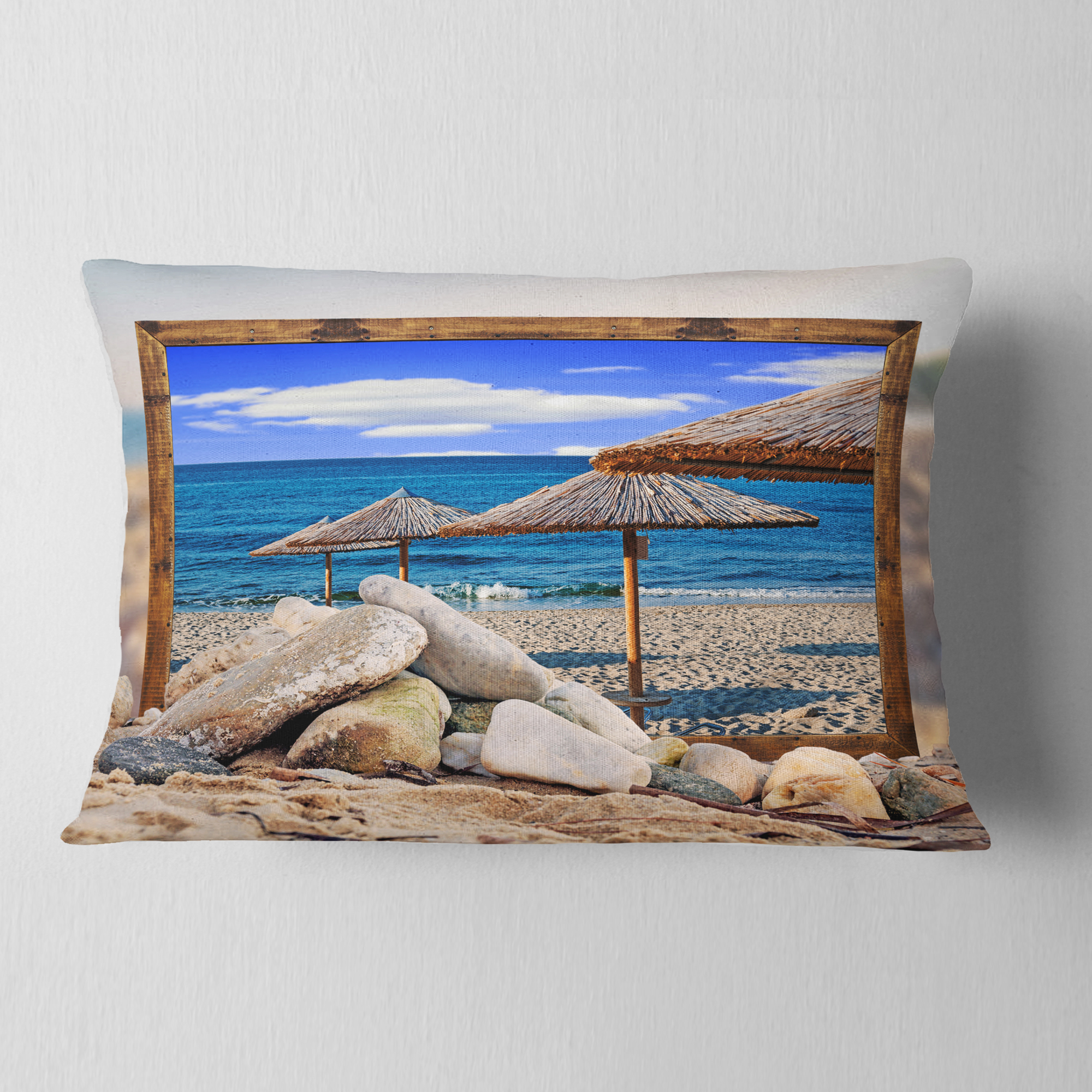 Designart Framed Effect Beach Umbrellas - Seashore Throw Pillow - 12x20