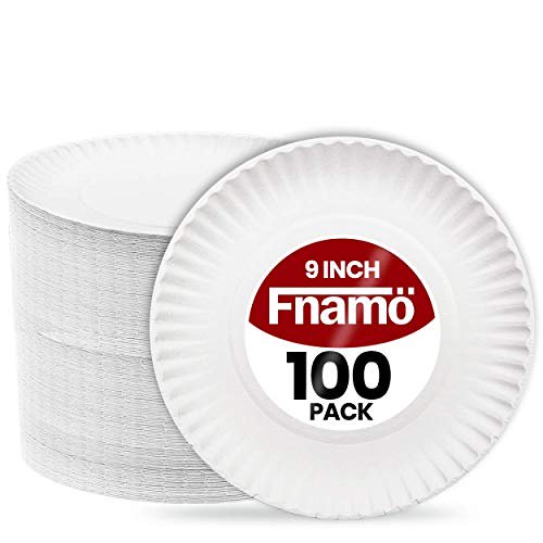 9 Inch Paper Plates By Fnamo Bulk Pack, 100 Count, "Uncoated" White